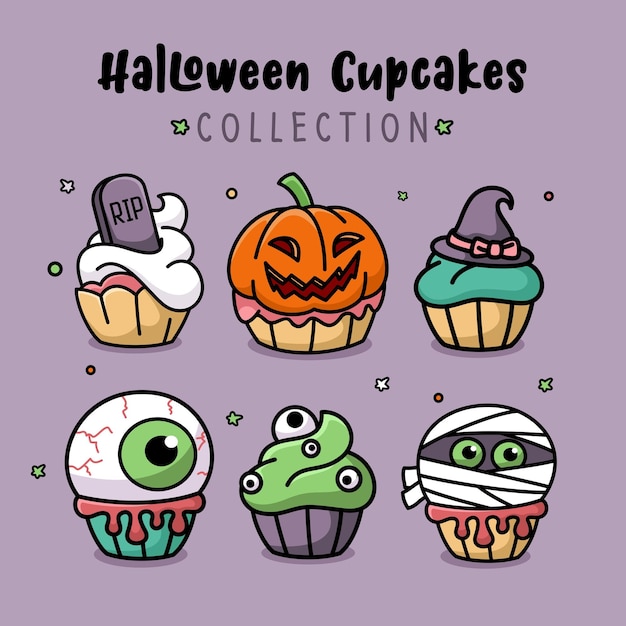 Collezione di cartoni animati per cupcake di Halloween, stile design piatto.