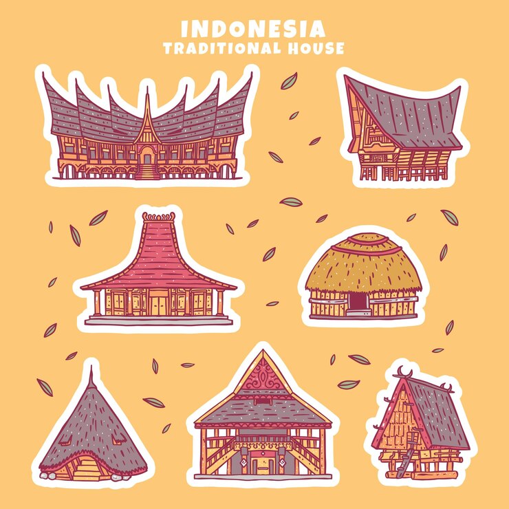 Collezione di case tradizionali indonesiane disegnate a mano