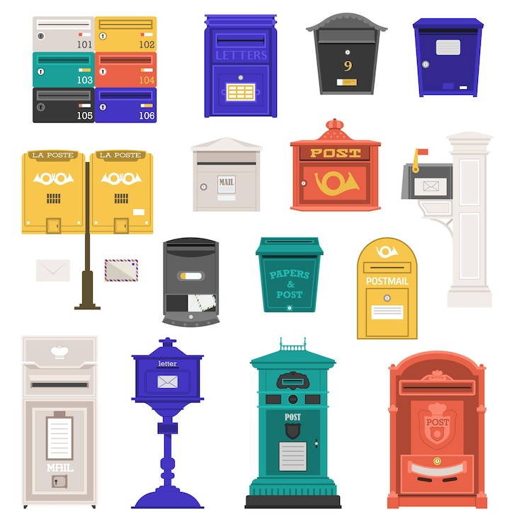 Vettore collezione di cassette postali di strada retrò con cassetta delle lettere a colonna verticale cassette delle lettere a parete pubblica e posta con simboli di busta e corno cassetta postale vintage con icone classiche della cassetta postale reale di londra