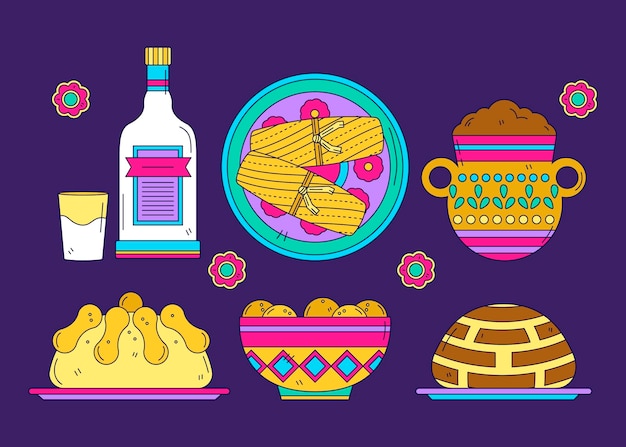 Collezione di cibo dia de muertos disegnata a mano