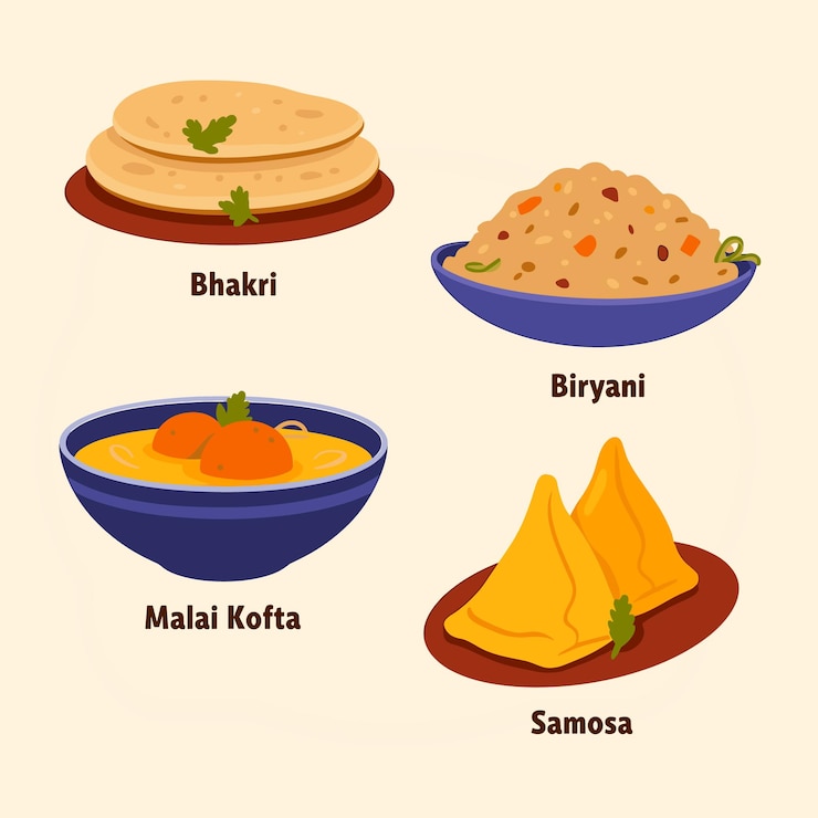 Vettore collezione di cibo indiano bhakhri biryani malai kofta e samosa