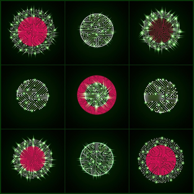 Collezione di circuiti stampati vettoriali astratti per computer, elementi tecnologici rotondi verdi con frecce di connessione ed effetto flash. Astrazioni di web design a tema elettronico.