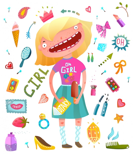 Collezione di clip art da ragazza con ragazza adolescente e cosmetici