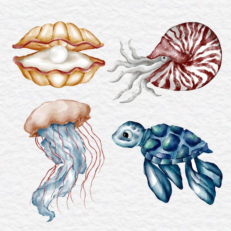 Vettore collezione di clip art di animali marini dell'acquerello
