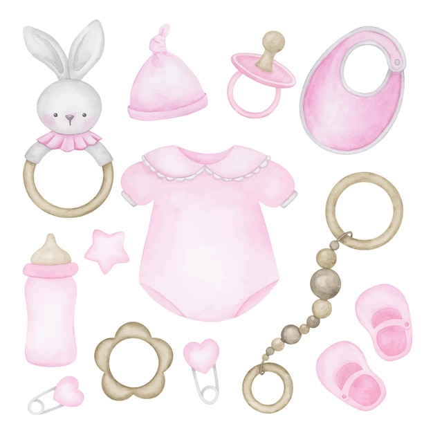 Collezione di clipart di accessori per neonati per bambina Set di illustrazioni per bambina disegnate a mano ad acquerello