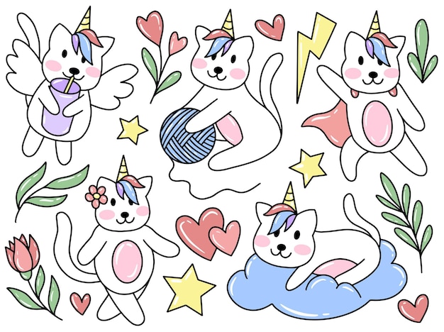 Collezione di clipart di unicorno gatto Doodle