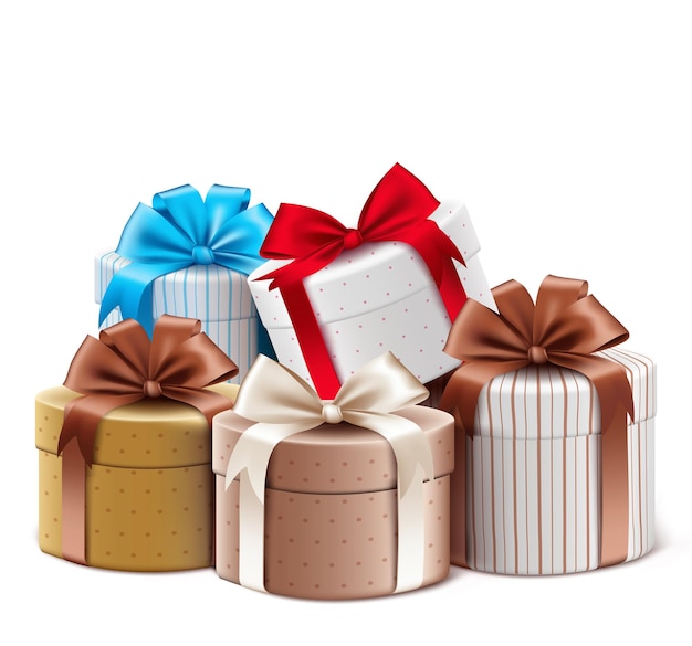 Collezione di confezione regalo modello vettoriale con nastro e fiocco isolati su sfondo bianco