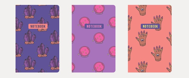 Collezione di copertine per quaderni mistici Concetto di modello magico senza cuciture Sfera di cristallo di cristallo e mano