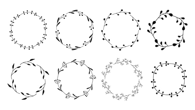 Collezione di cornici rotonde floreali con linea per testo e preventivo. set di cornice con silhouette vegetale per inviti di nozze e monogrammi. illustrazione vettoriale isolata.