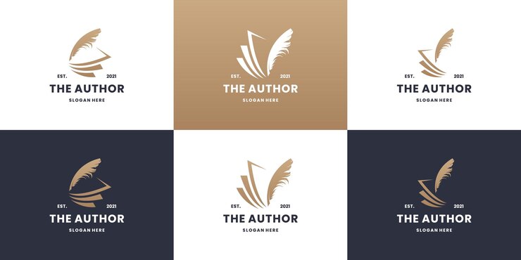 Collezione di design del logo dell'autore. modello di logo della storia del libro con piuma e libro astratto