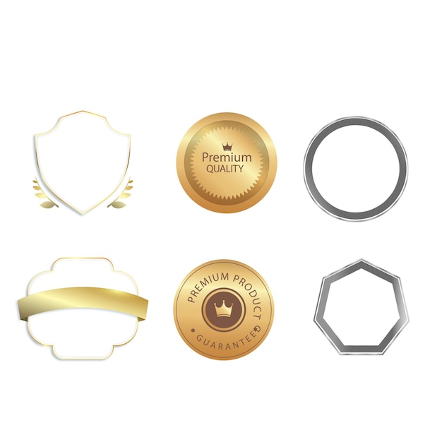 Collezione di distintivi ed etichette d'oro e d'argento di diverse forme