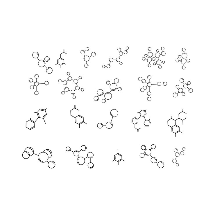 Vettore collezione di diverse icone di modelli molecolari isolate su uno sfondo bianco gruppi di atomi legati