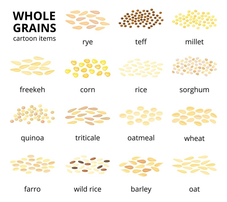Collezione di diversi cereali integrali isolati su sfondo bianco con nomi