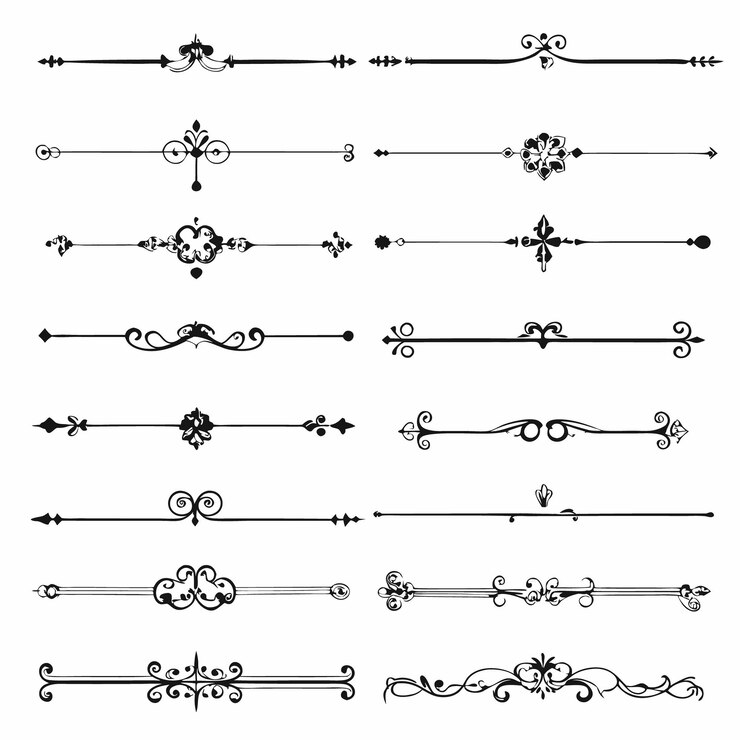 collezione di divisori decorativi in bianco e nero d'epoca con fioriture ornate e disegni eleganti