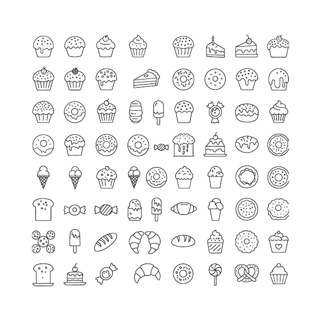 Collezione di dolci dolcetti cupcakes ciambelle e pasticceria icone