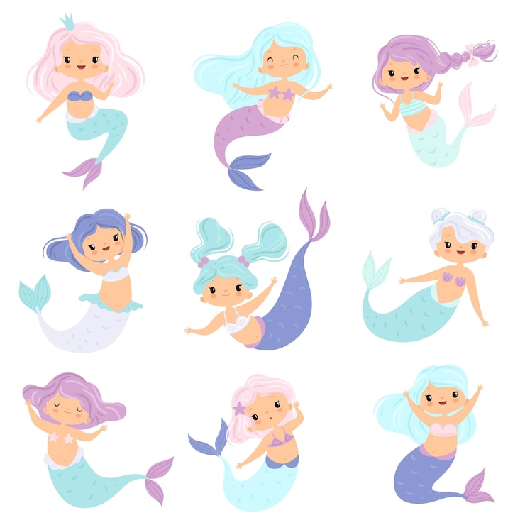 Vettore collezione di dolci sirenette bella ragazza da favola principessa sirena personaggi illustrazione vettoriale su sfondo bianco