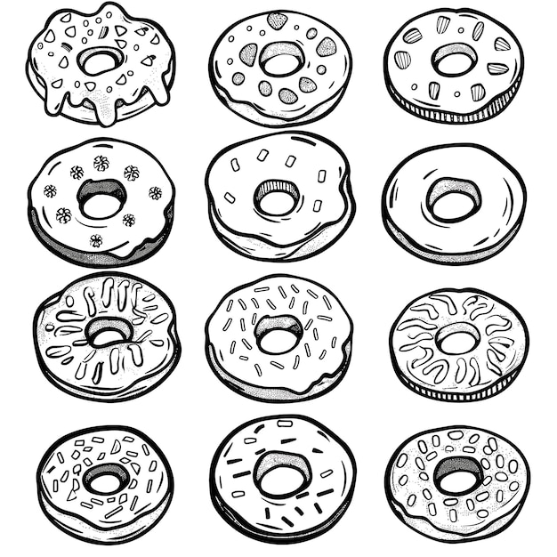 Collezione di Doodle Donuts Black Line Pagine da colorare Vettore