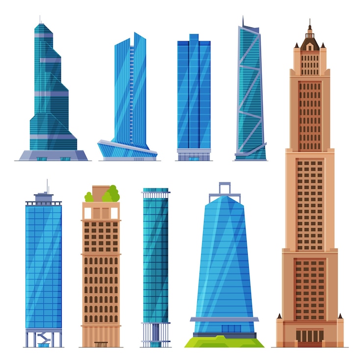 Vettore collezione di edifici commerciali o residenziali moderni della città grattacieli del centro illustrazione vettoriale esterna