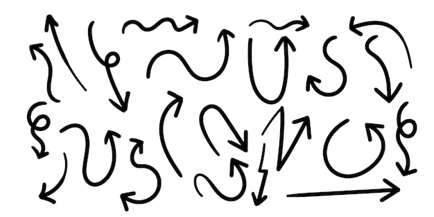 Collezione di elementi a linea a freccia disegnati a mano Iconica a freccia nera isolata su sfondo bianco Disegno per business plan e istruzione Illustrazione vettoriale
