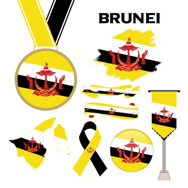 Collezione di elementi con la bandiera del modello di progettazione del Brunei. Bandiera del Brunei, nastri, medaglia, mappa