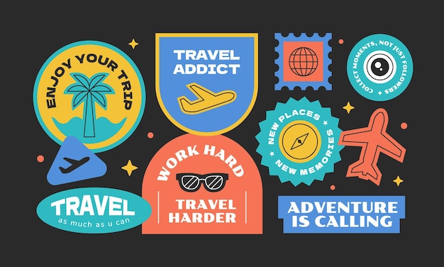 Collezione di elementi di distintivi di adesivi di viaggio Set di simboli di viaggio vintage e cool