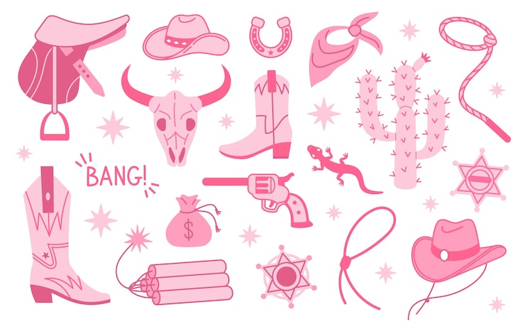 Vettore collezione di elementi di moda core rosa cowboy stivali da cowgirl cappello cactus a ferro di cavallo e scritte set di temi cowboy western e selvaggio west illustrazione vettoriale disegnato a mano icone di doodle