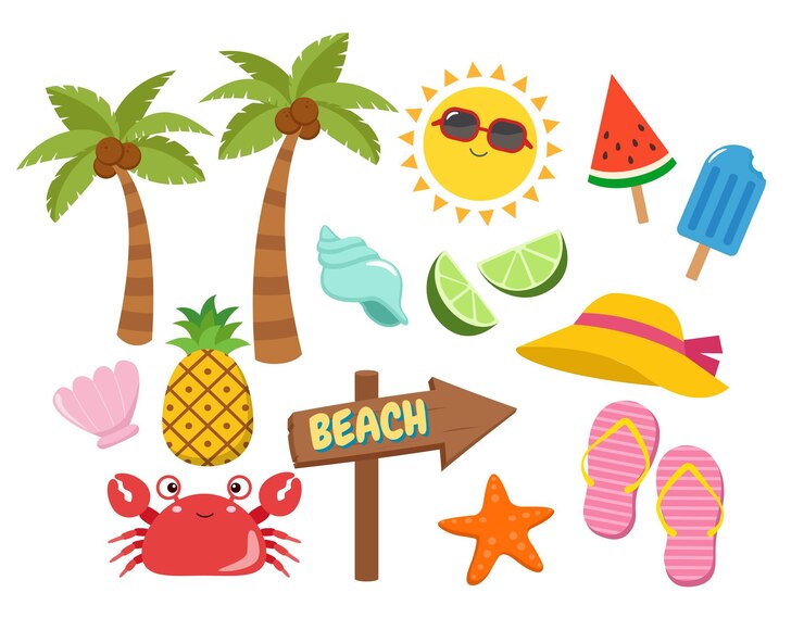 Vettore collezione di elementi di spiaggia tropicale estiva. disegno del fumetto vettoriale piatto