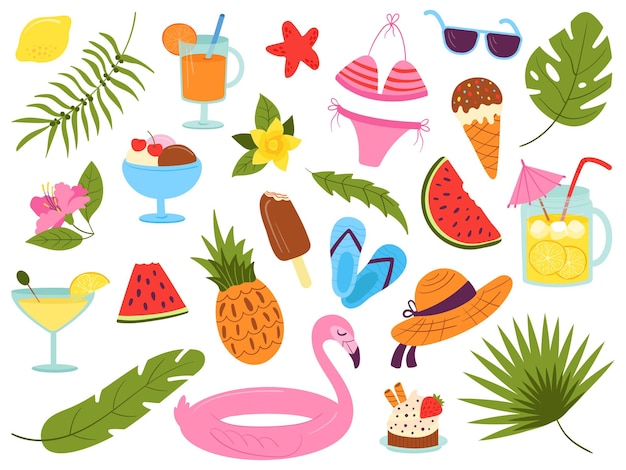 Collezione di elementi estivi Adesivi tropicali al mare in stile Hawaii Beach drink limonata in barattolo costume da bagno e gelato Kit vettoriale decente per feste di viaggio