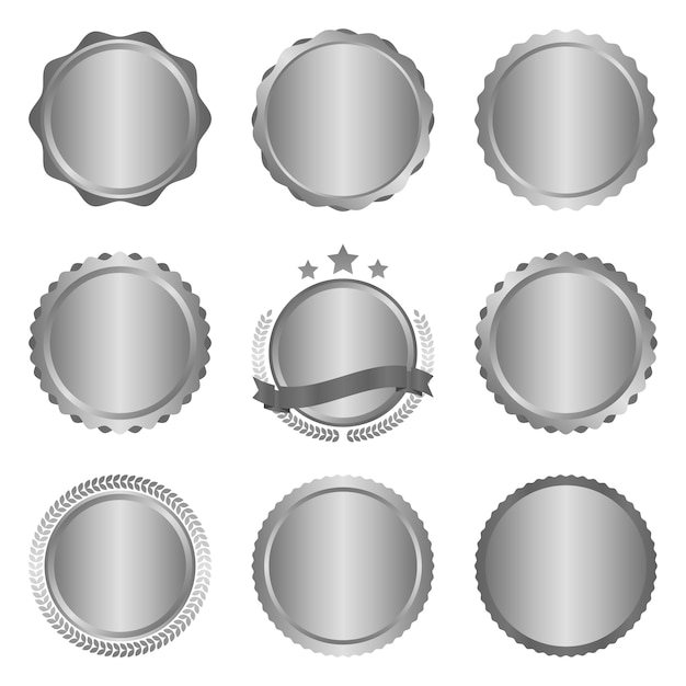 Collezione di etichette e distintivi moderni in metallo argento cerchio metallico