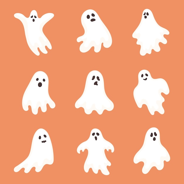Collezione di fantasmi moderni piatti personaggi fantasmi caricaturistici spettrali set di fantasmi di Halloween