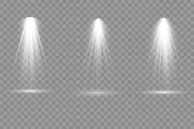 Collezione di faretti per l'illuminazione del palcoscenico, scena, grande collezione di illuminazione del palcoscenico, effetti di luce del proiettore, illuminazione bianca brillante con faretti, faretto isolato su sfondo trasparente,