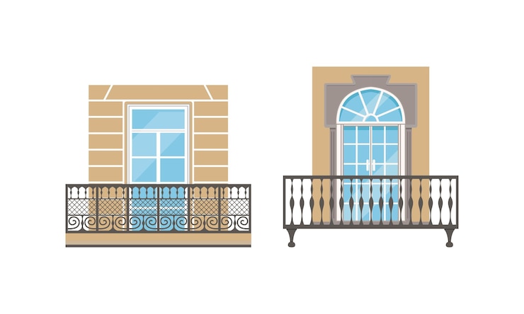 Vettore collezione di finestre del balcone elementi di progettazione della facciata della casa retrò con recinzioni forgiate in metallo illustrazione vettoriale