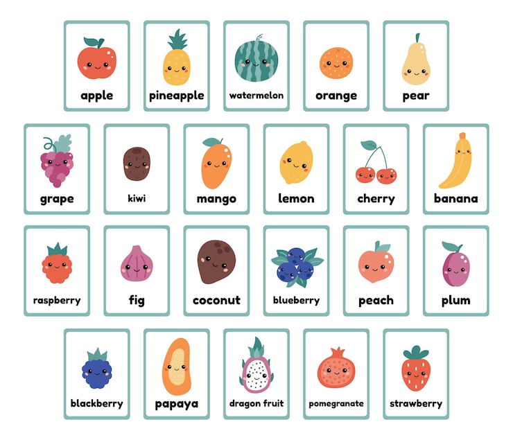 collezione di flashcard di frutta e bacche stampabili per l'apprendimento delle parole inglesi