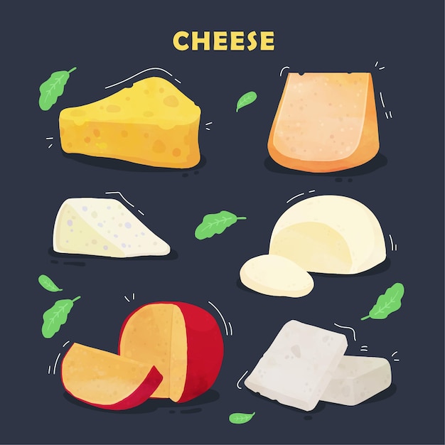Collezione di formaggio ad acquerello disegnato a mano
