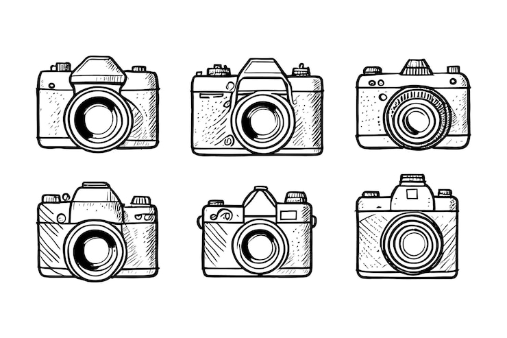 Vettore collezione di fotocamere isolate su sfondo bianco scarabocchi disegnati a mano illustrazione vettoriale