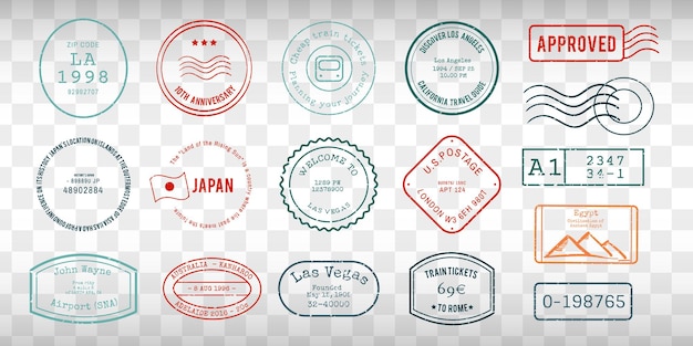 Collezione di francobolli e francobolli vintage con vari disegni e colori Include francobolli dal Giappone a Las Vegas e altro Ideale per progetti a tema di viaggio Collezione vettoriale di elementi