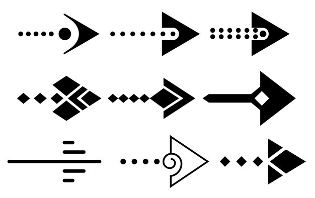 Collezione di frecce in colore nero su sfondo bianco per l'interfaccia di applicazioni mobili di web design Icone del cursore dei segni di direzione grafiche moderne Freccia vettoriale forme diverse in uno stile piatto semplice moderno