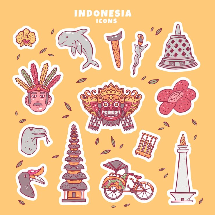 Collezione di icone dell'Indonesia a colori disegnati a mano