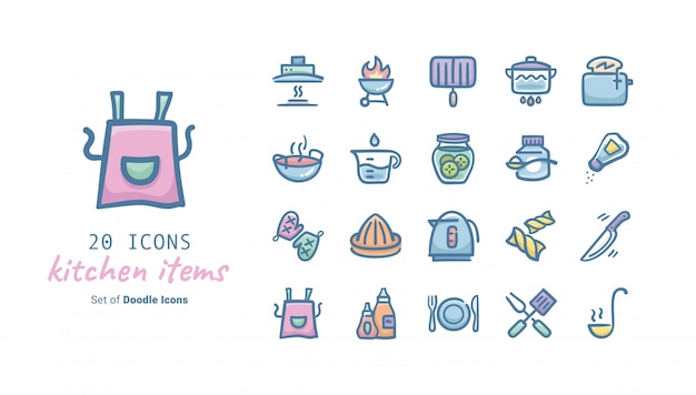 Collezione di icone di Doodle di oggetti di cucina