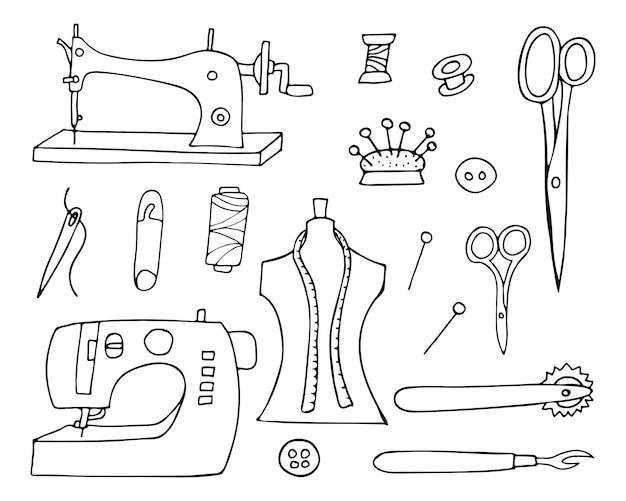 Collezione di icone di doodle di sarta nel vettore. Collezione di icone disegnate a mano da sarta.