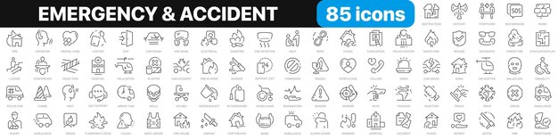 Collezione di icone di linee di emergenza e incidenti Icone di assicurazione antincendio di ambulanze criminali Set di icone UI Pacchetto di icone a contorno sottile Illustrazione vettoriale EPS10