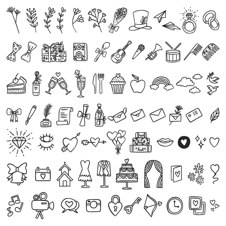 Collezione di icone di nozze di doodle disegnato a mano