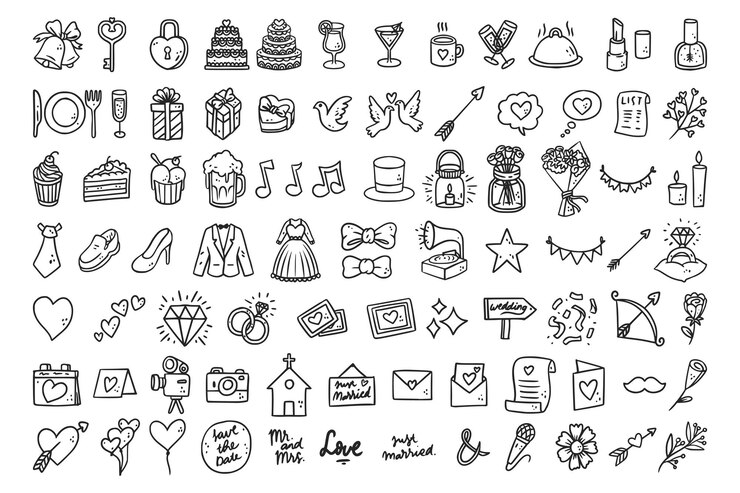 Collezione di icone di nozze di doodle disegnato a mano