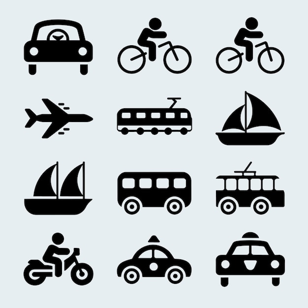 Collezione di icone di trasporto in bianco e nero nel layout della griglia