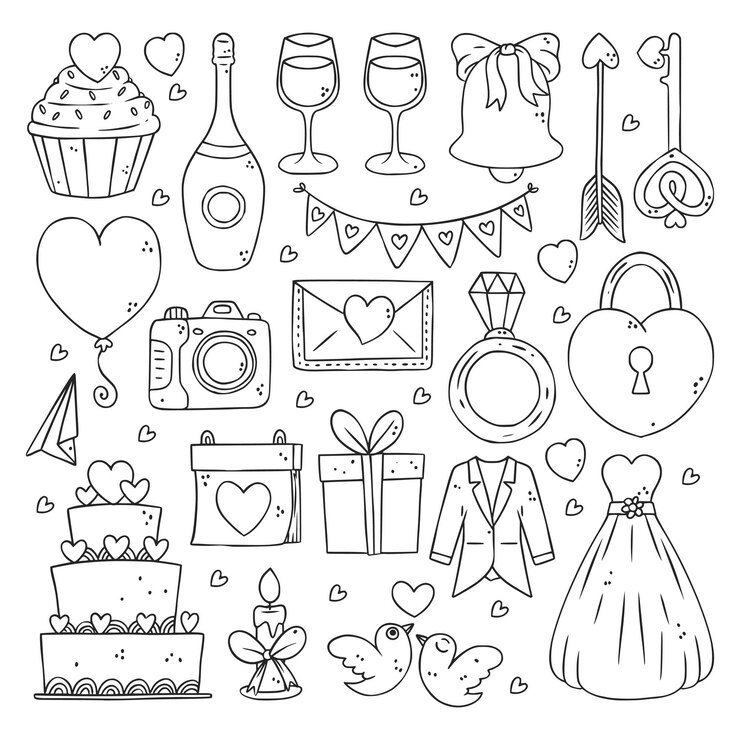 Collezione di icone e elementi di design per matrimoni disegnati a mano