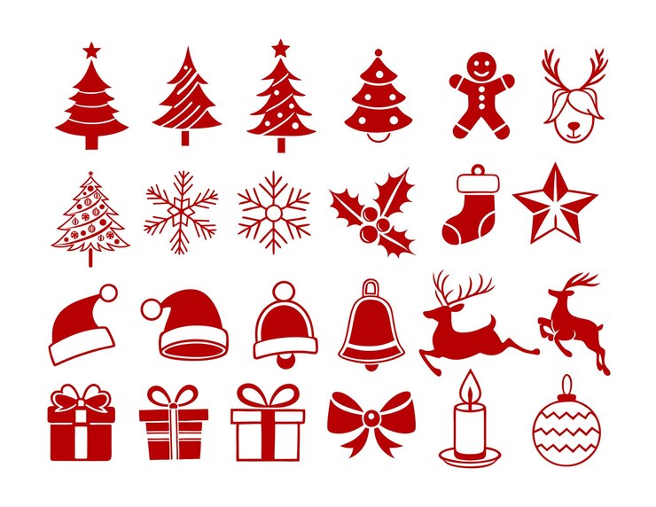 Vettore collezione di icone natalizie alberi cappelli di babbo natale fiocchi di neve renne e decorazioni festive