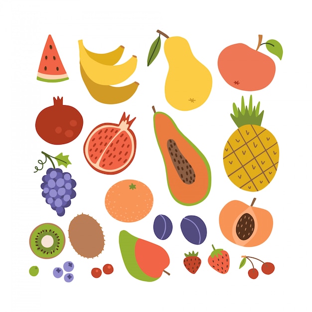 Collezione di icone semplice frutta carina. Set di coroful gustosi frutti estivi. Illustrazione di stile piano del fumetto