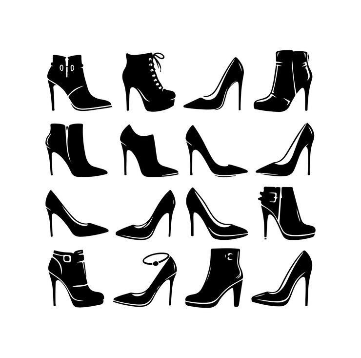 Collezione di illustrazioni di silhouette di tipi di scarpe da donna a tacco alto vettor silhouette