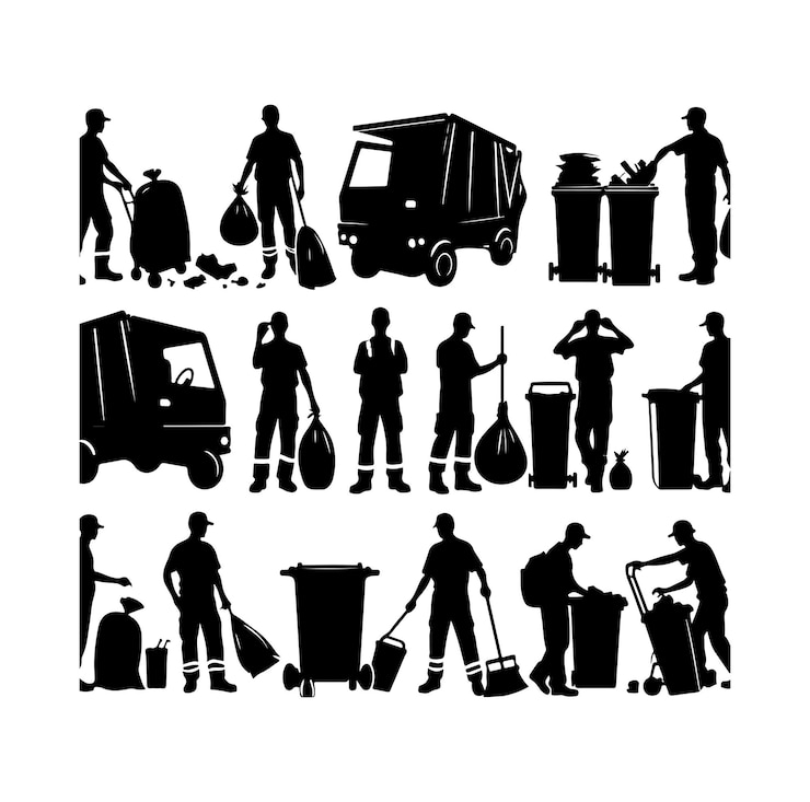Collezione di illustrazioni di silhouette di uomini della spazzatura silhouette vettore