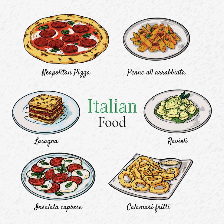 Vettore collezione di illustrazioni gastronomiche italiane disegnate a mano pizza lasagna calamari penne pasta e ravioli